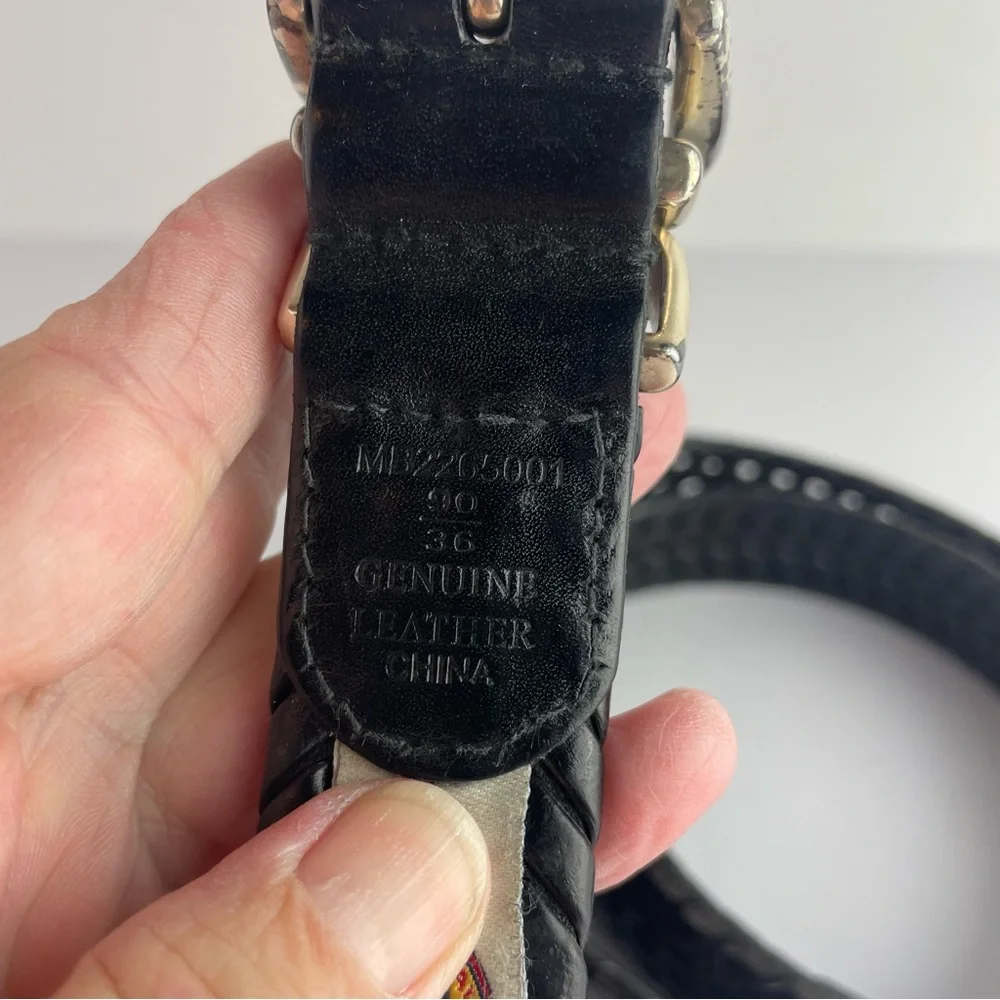 Fossil Black Woven Leather Belt Silver Buckle 36”